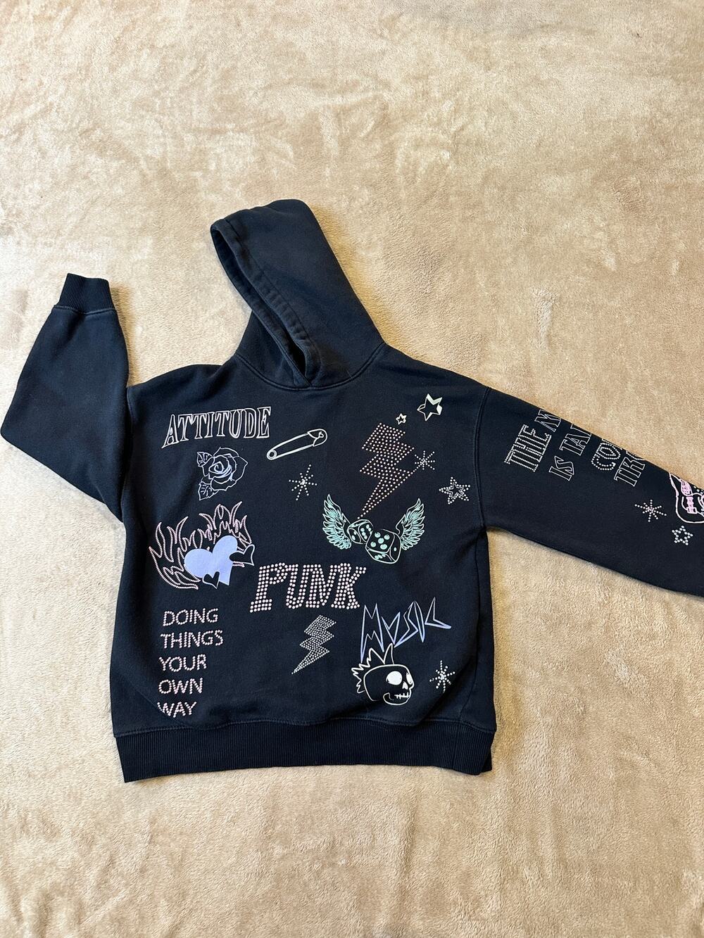 Zara Girls Punk Graphic Hoodie Black Studded Rhinestone